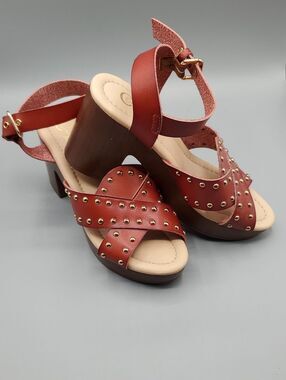 Comfort | Burnt Red Studded Block Heel Sandals | Women's Size 7